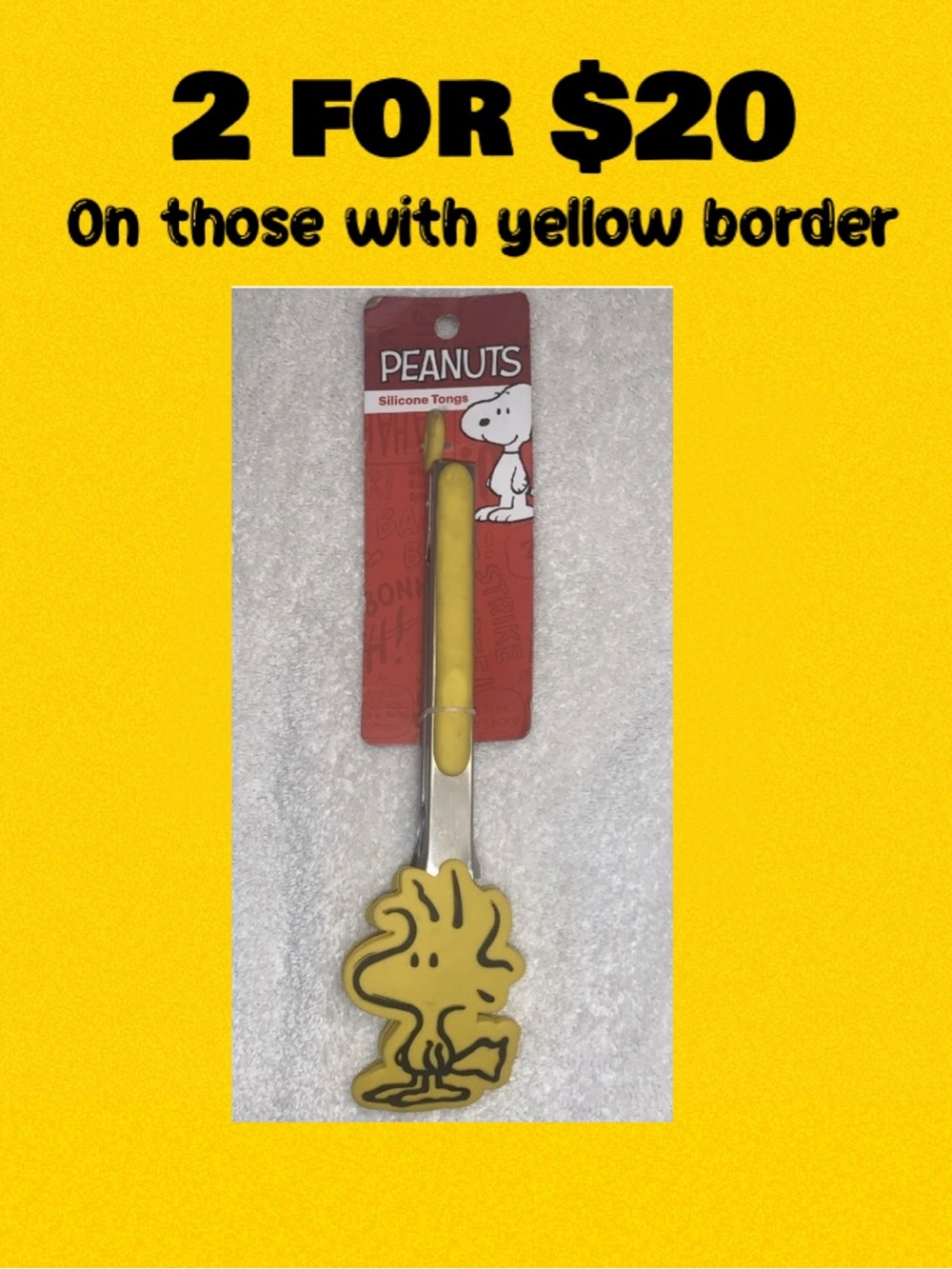 Peanuts Snoopy WOODSTOCK Yellow Kitchen Silicone Metal Tongs Heat Resistant NWT